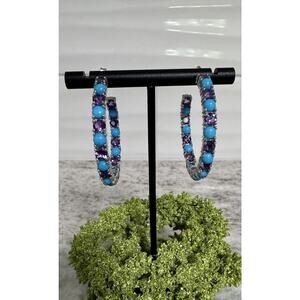 Sterling Silver Signed Large Turquoise & Amethyst Hoop Earrings
